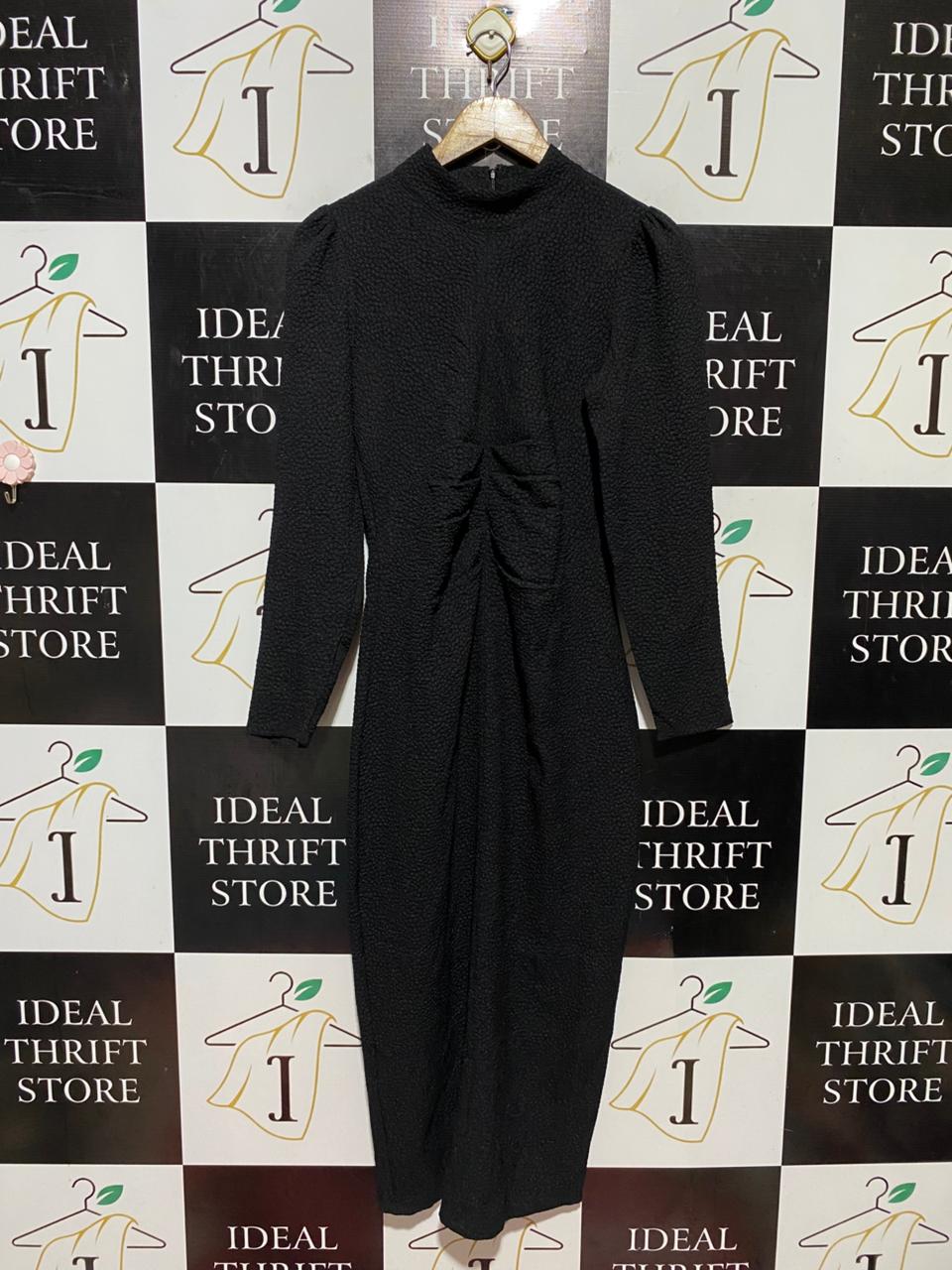SEED |M| BUST 16| B42| BLACK MOCK NECK RUCHED LONG SLEEVE BODYCON MIDI DRESS