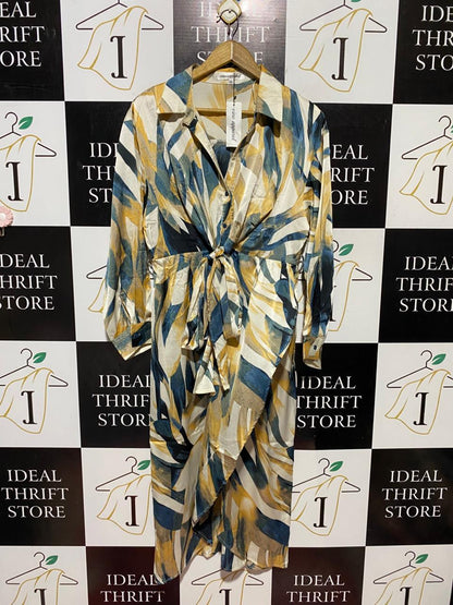 VINE APPAREL |M| BUST 18| B42| ABSTRACT TROPICAL LEAF PRINT FRONT-TIE SHIRT DRESS