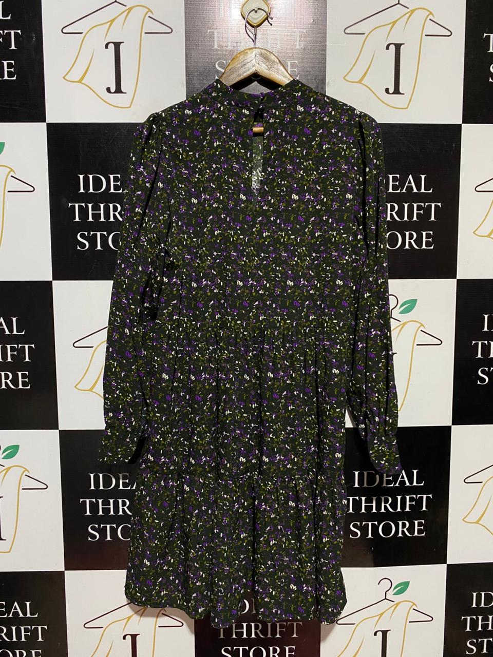 AWARE |M| BUST 19| B42| NEWAGE BLACK FLORAL MOCK NECK TIERED LONG SLEEVE DRESS