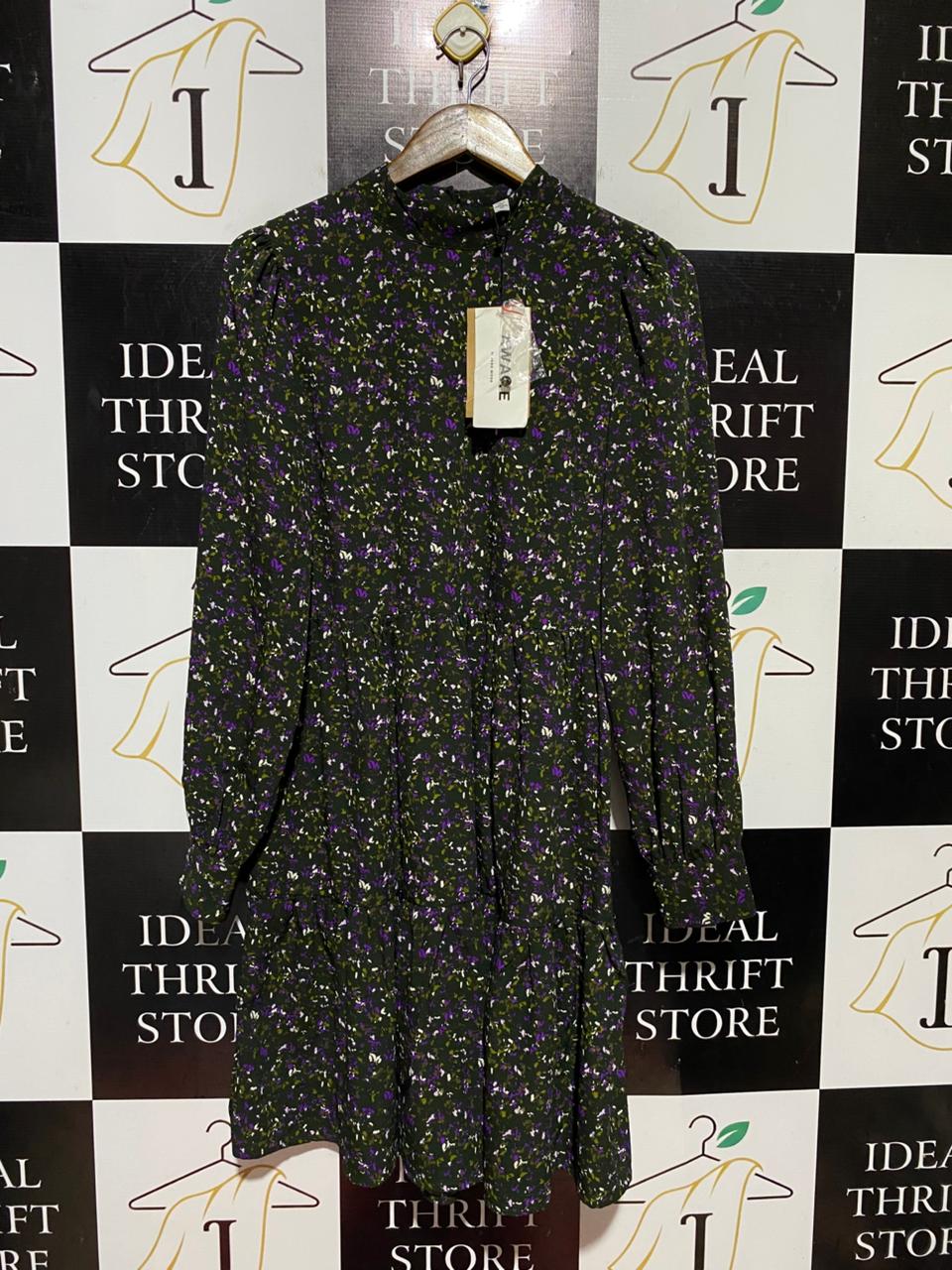 AWARE |M| BUST 19| B42| NEWAGE BLACK FLORAL MOCK NECK TIERED LONG SLEEVE DRESS