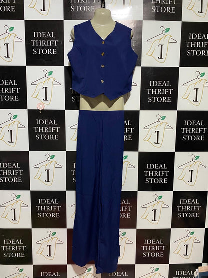 |XL| B42| NAVY BLUE BUTTON-UP VEST AND WIDE-LEG TROUSERS TWO-PIECE SET