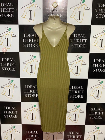 KOOKAI |M| BUST 16| B42| OLIVE GREEN RIBBED KNIT SPAGHETTI STRAP V-NECK MIDI DRESS