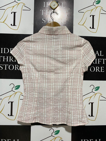PRINCESS POLLY |M| BUST 16| B42| PINK PLAID SHORT SLEEVE CORSET WAIST BUTTON UP BLOUSE TOP