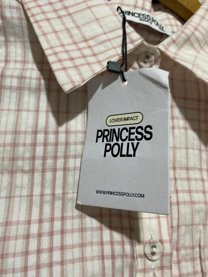 PRINCESS POLLY |M| BUST 16| B42| PINK PLAID SHORT SLEEVE CORSET WAIST BUTTON UP BLOUSE TOP