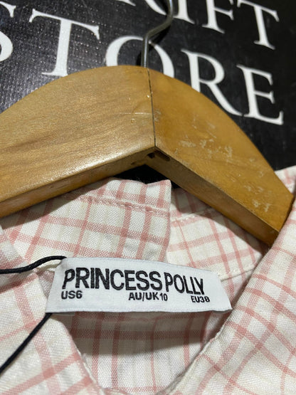 PRINCESS POLLY |M| BUST 16| B42| PINK PLAID SHORT SLEEVE CORSET WAIST BUTTON UP BLOUSE TOP