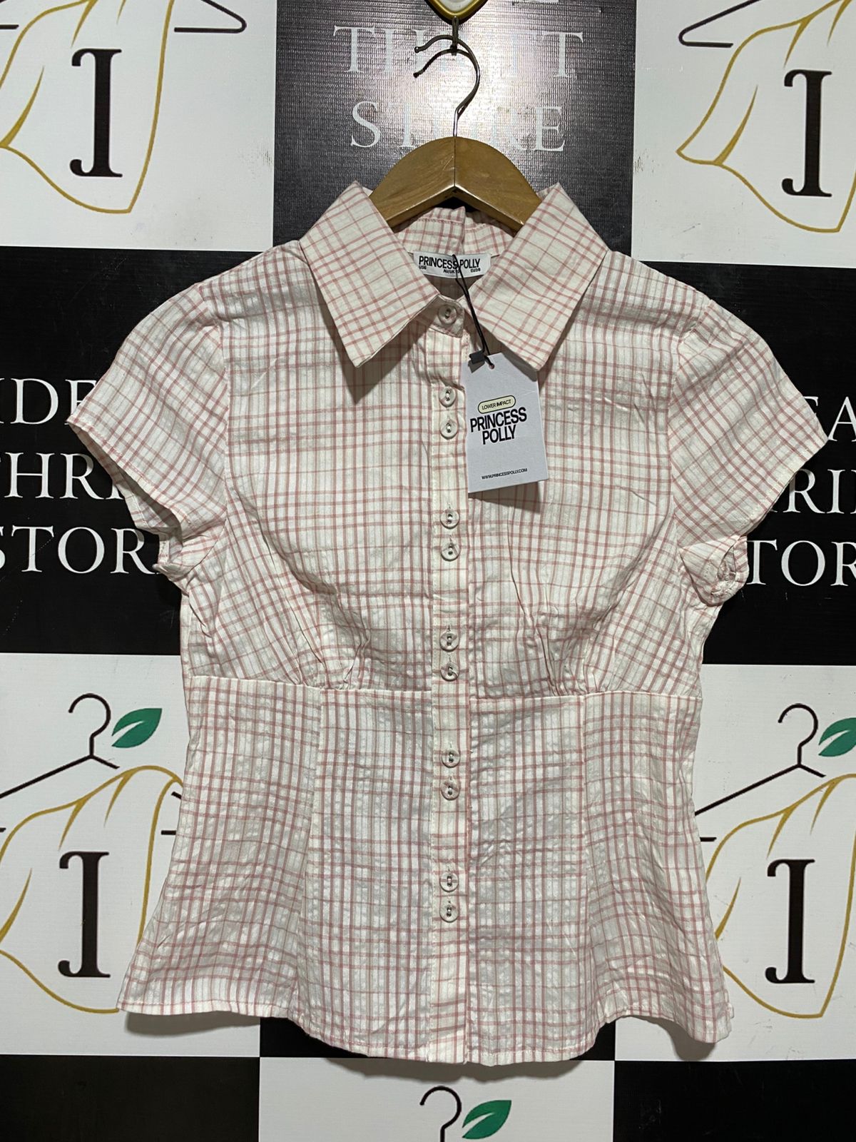 PRINCESS POLLY |M| BUST 16| B42| PINK PLAID SHORT SLEEVE CORSET WAIST BUTTON UP BLOUSE TOP