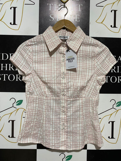 PRINCESS POLLY |M| BUST 16| B42| PINK PLAID SHORT SLEEVE CORSET WAIST BUTTON UP BLOUSE TOP