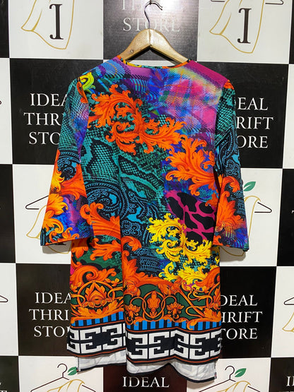|M| BUST 19| B42| MULTICOLOR BAROQUE SNAKESKIN PRINT V-NECK 3/4 SLEEVE TUNIC DRESS BLOUSE