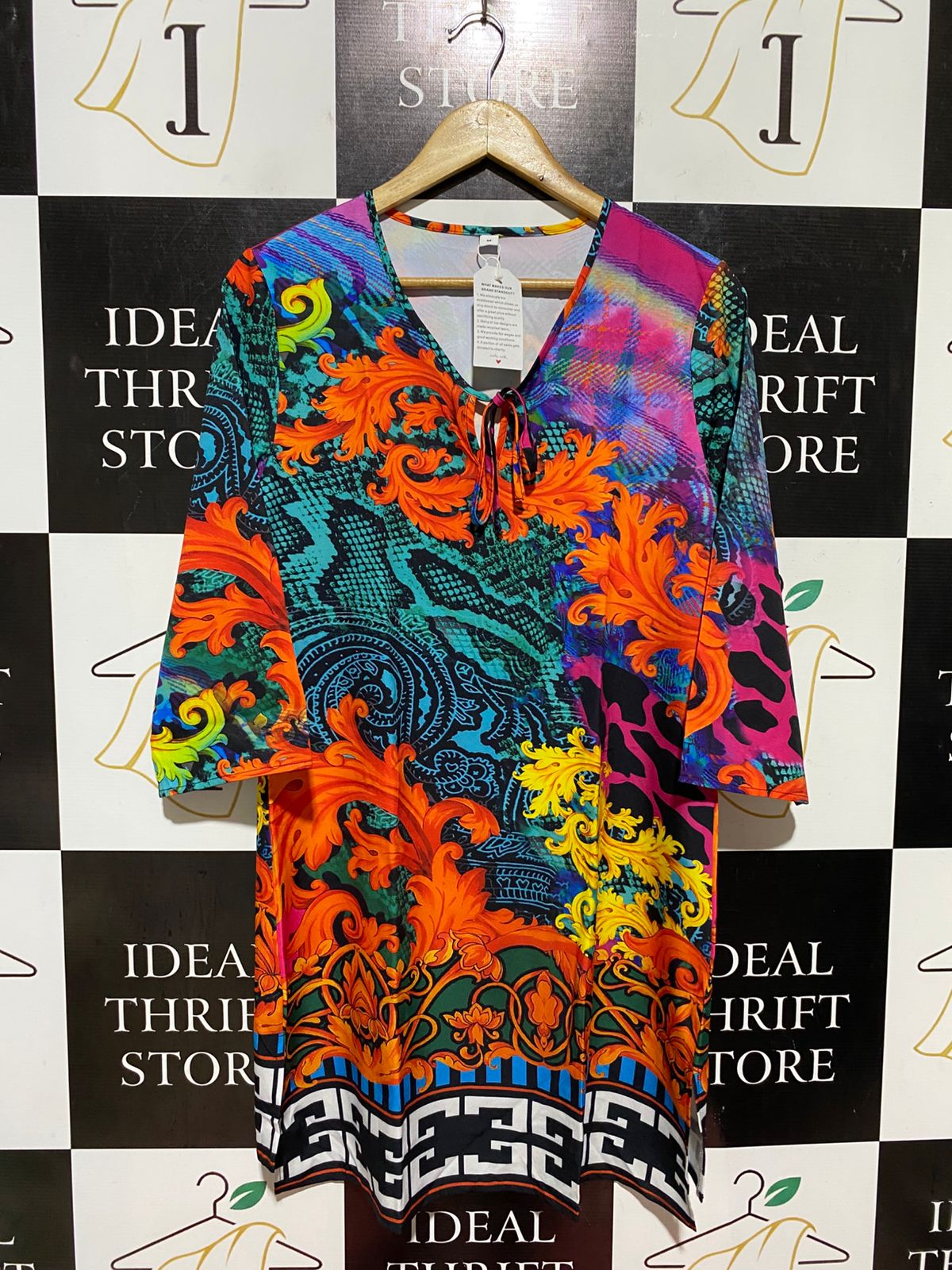 |M| BUST 19| B42| MULTICOLOR BAROQUE SNAKESKIN PRINT V-NECK 3/4 SLEEVE TUNIC DRESS BLOUSE