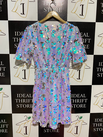 SOME THING SARAH |M| BUST 17| B42| PURPLE SEQUIN SURPLICE FAUX WRAP PARTY MINI DRESS
