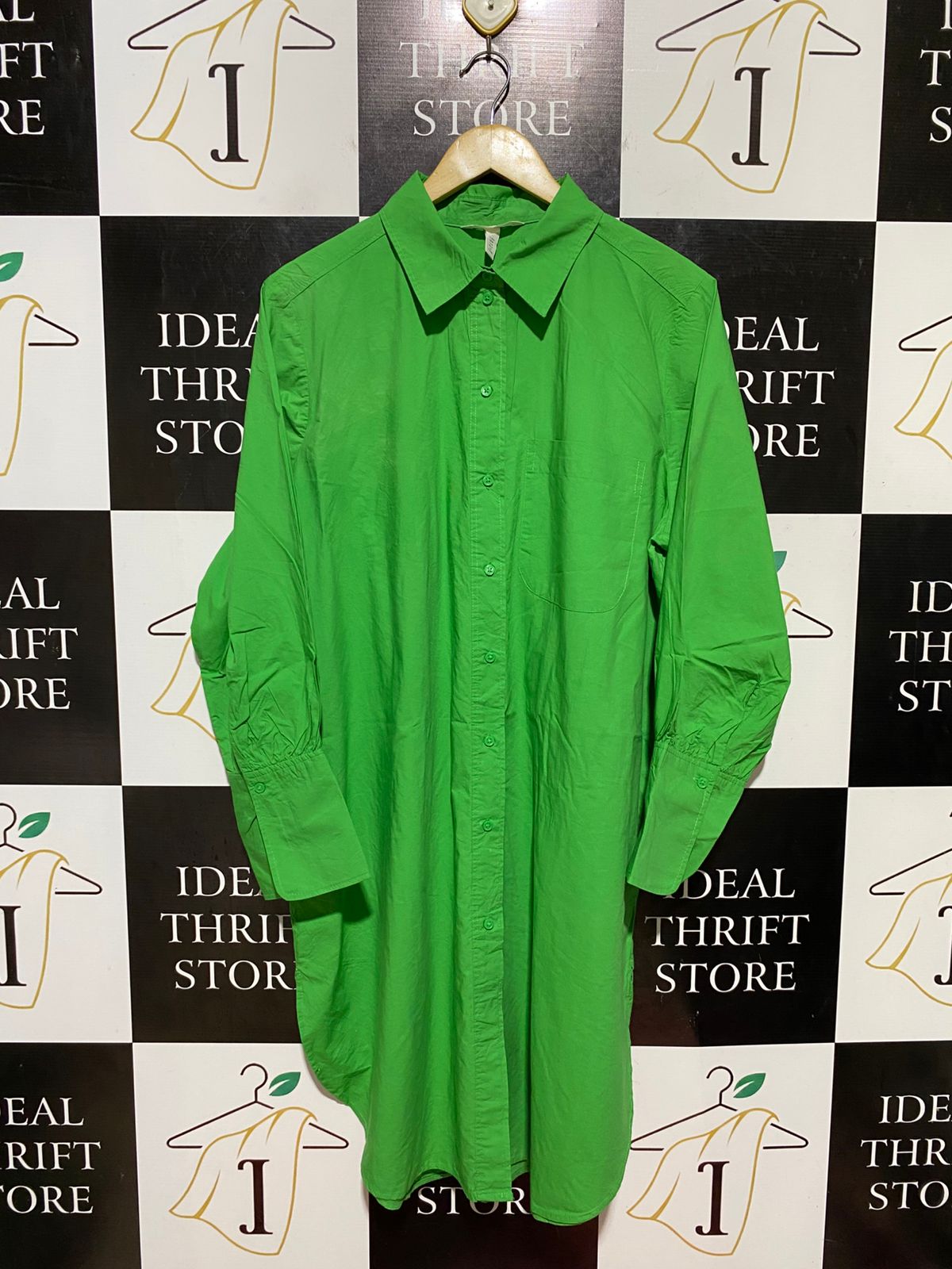 H&M |XL| BUST 24| B42| RIGHT GREEN LONG SLEEVE OVERSIZED BUTTON DOWN SHIRT DRESS BLOUSE WITH POCKET