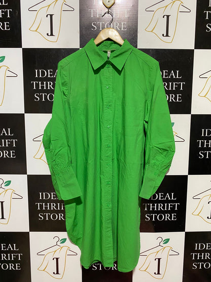 H&M |XL| BUST 24| B42| RIGHT GREEN LONG SLEEVE OVERSIZED BUTTON DOWN SHIRT DRESS BLOUSE WITH POCKET
