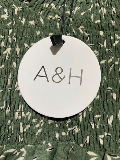 ATMOS & HERE |L| BUST 25| B42| OLIVE GREEN FLORAL LEAF PRINT SMOCKED MOCK NECK LONG SLEEVE BLOUSE TOP