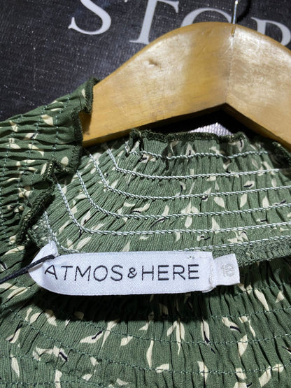ATMOS & HERE |L| BUST 25| B42| OLIVE GREEN FLORAL LEAF PRINT SMOCKED MOCK NECK LONG SLEEVE BLOUSE TOP
