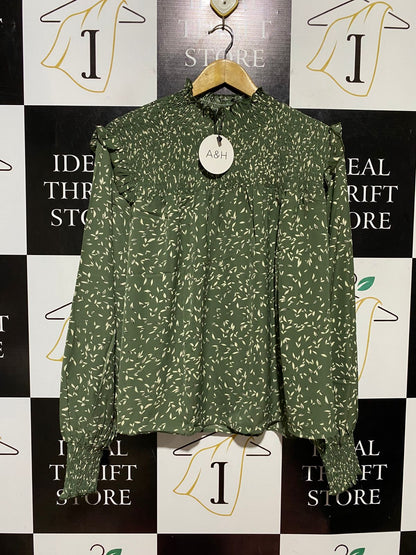 ATMOS & HERE |L| BUST 25| B42| OLIVE GREEN FLORAL LEAF PRINT SMOCKED MOCK NECK LONG SLEEVE BLOUSE TOP