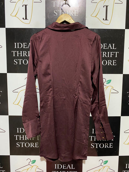 RUNAWAY |M| BUST 17| B42| DEEP BURGUNDY MAROON SATIN RUFFLED LONG SLEEVE SHIRT DRESS