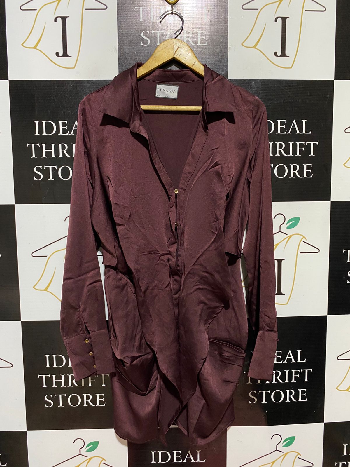 RUNAWAY |M| BUST 17| B42| DEEP BURGUNDY MAROON SATIN RUFFLED LONG SLEEVE SHIRT DRESS