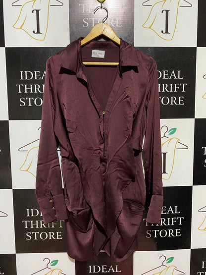 RUNAWAY |M| BUST 17| B42| DEEP BURGUNDY MAROON SATIN RUFFLED LONG SLEEVE SHIRT DRESS