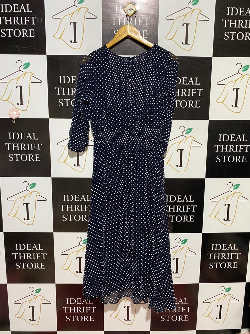 BLUE ILLUSION |S| BUST 17| B42| NAVY BLUE WHITE POLKA DOT 3/4 SLEEVE MIDI DRESS