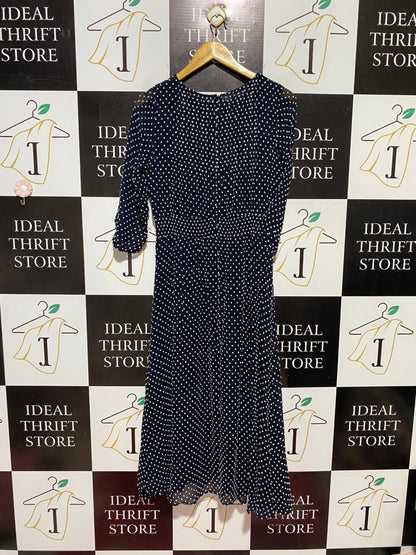 BLUE ILLUSION |S| BUST 17| B42| NAVY BLUE WHITE POLKA DOT 3/4 SLEEVE MIDI DRESS