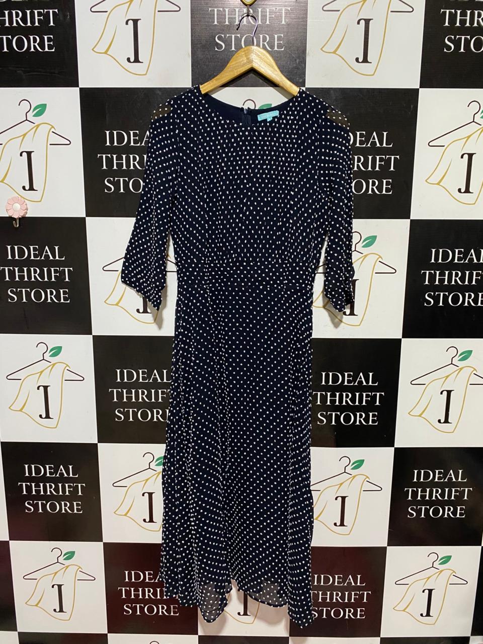 BLUE ILLUSION |S| BUST 17| B42| NAVY BLUE WHITE POLKA DOT 3/4 SLEEVE MIDI DRESS