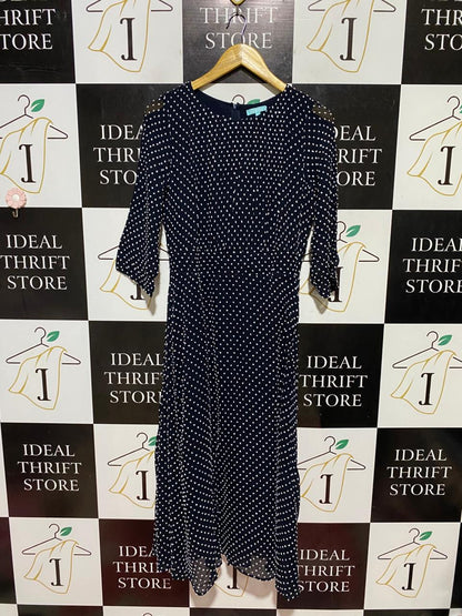 BLUE ILLUSION |S| BUST 17| B42| NAVY BLUE WHITE POLKA DOT 3/4 SLEEVE MIDI DRESS