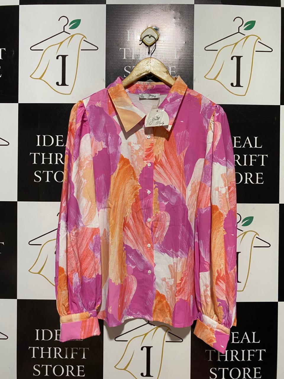 YOURS HANDY |L| BUST 21| B42| MULTICOLOR PINK ORANGE ABSTRACT BRUSHSTROKE LONG SLEEVE BUTTON UP SHIRT BLOUSE