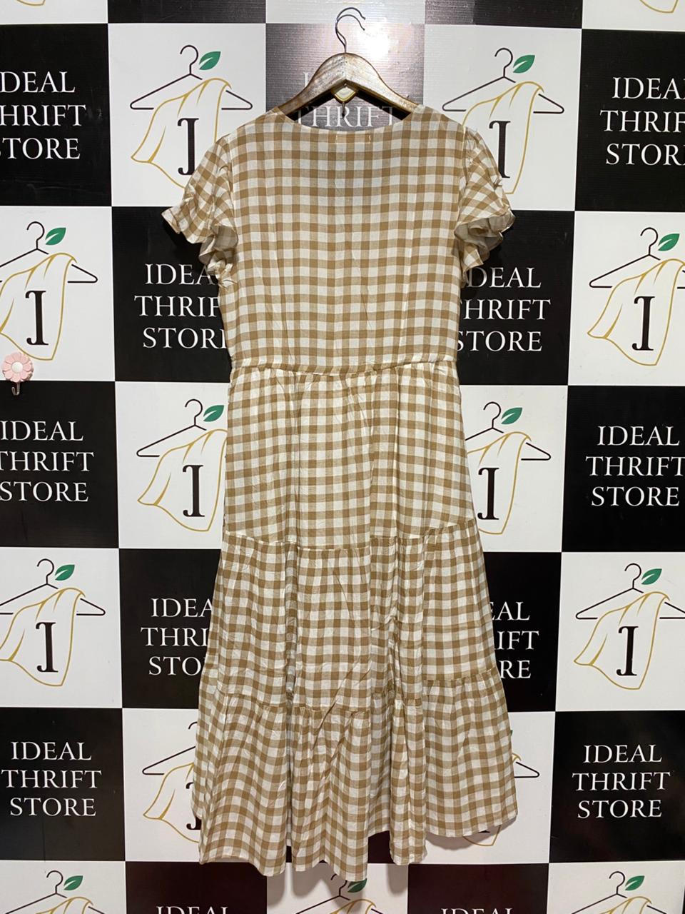 BOHO |L| BUST 19| B42| STYLE BROWN AND WHITE GINGHAM CHECK TIERED MIDI DRESS WITH RUFFLE SLEEVES