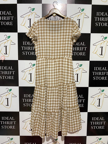 BOHO |L| BUST 19| B42| STYLE BROWN AND WHITE GINGHAM CHECK TIERED MIDI DRESS WITH RUFFLE SLEEVES