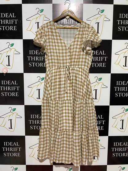 BOHO |L| BUST 19| B42| STYLE BROWN AND WHITE GINGHAM CHECK TIERED MIDI DRESS WITH RUFFLE SLEEVES