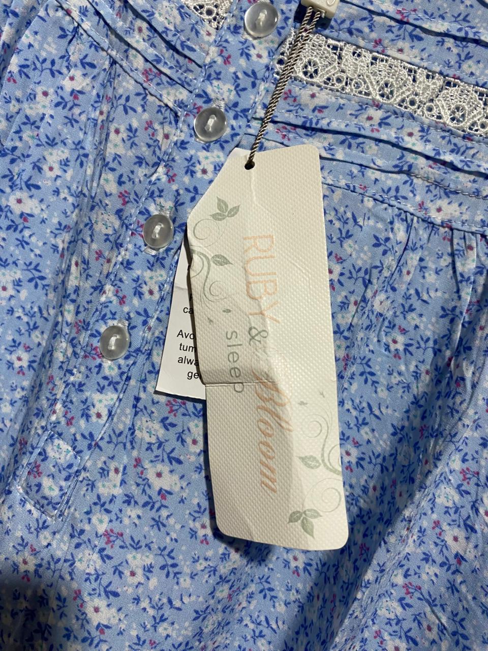 RUBY BLOOM |L| BUST 20| B42| BLUE FLORAL SLEEVELESS LACE TRIM NIGHTGOWN MUUMUU LOUNGE DRESS