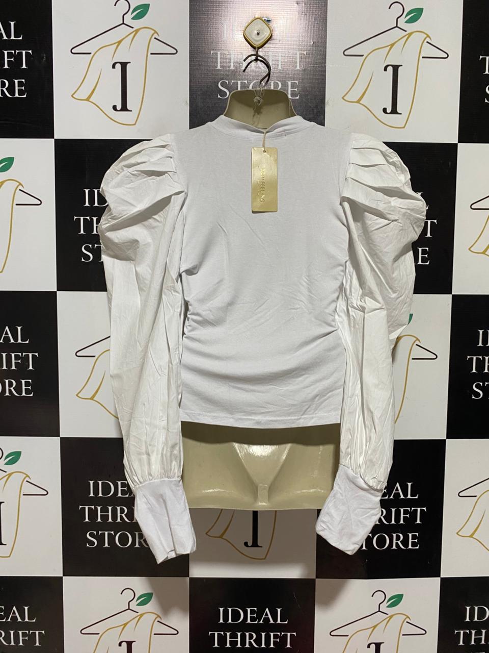 NEW FEELING |M| BUST 18| B42| WHITE LONG PUFF SLEEVE CREWNECK STATEMENT T-SHIRT BLOUSE TOP
