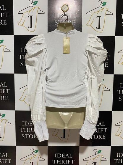 NEW FEELING |M| BUST 18| B42| WHITE LONG PUFF SLEEVE CREWNECK STATEMENT T-SHIRT BLOUSE TOP