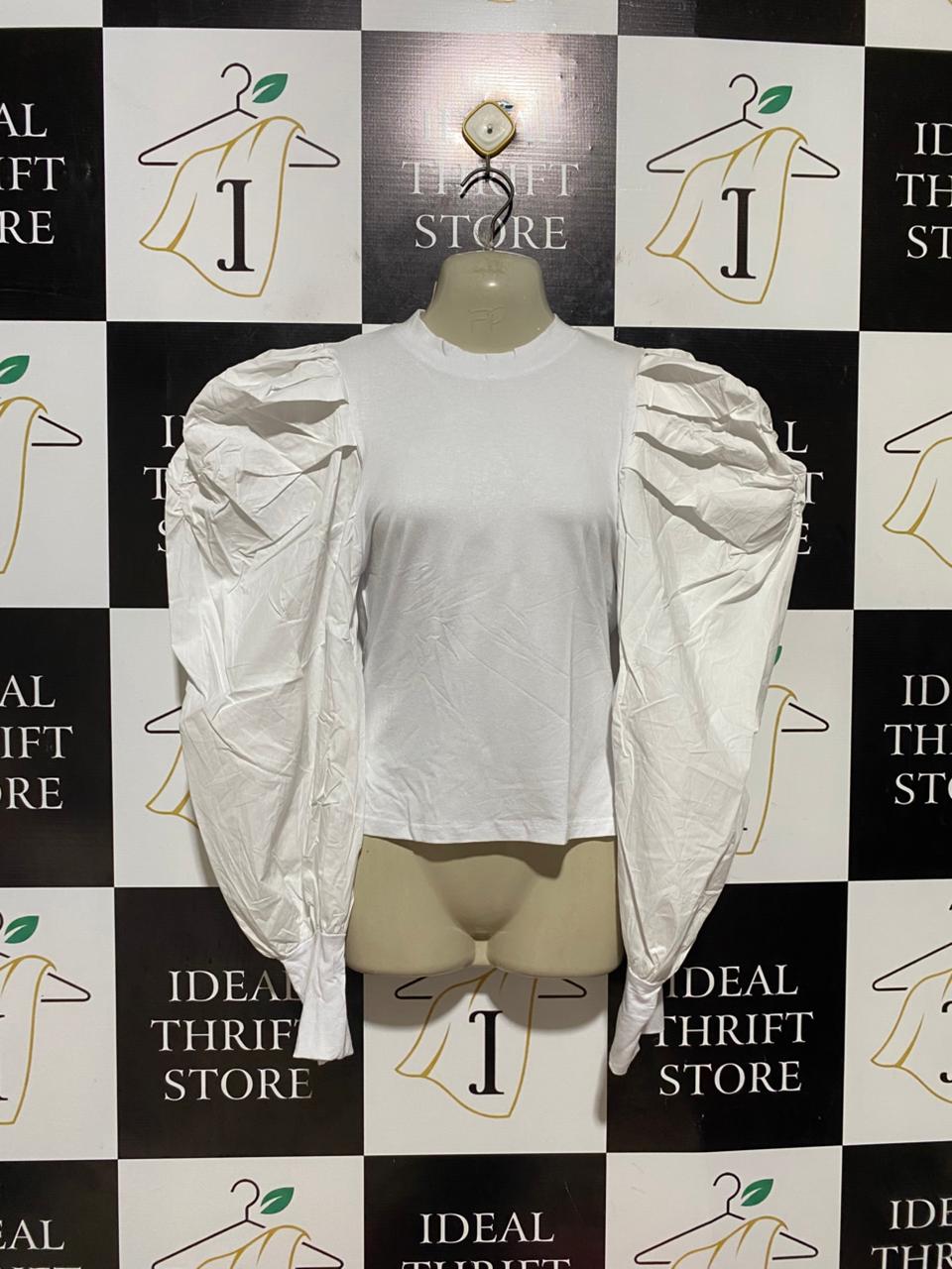 NEW FEELING |M| BUST 18| B42| WHITE LONG PUFF SLEEVE CREWNECK STATEMENT T-SHIRT BLOUSE TOP