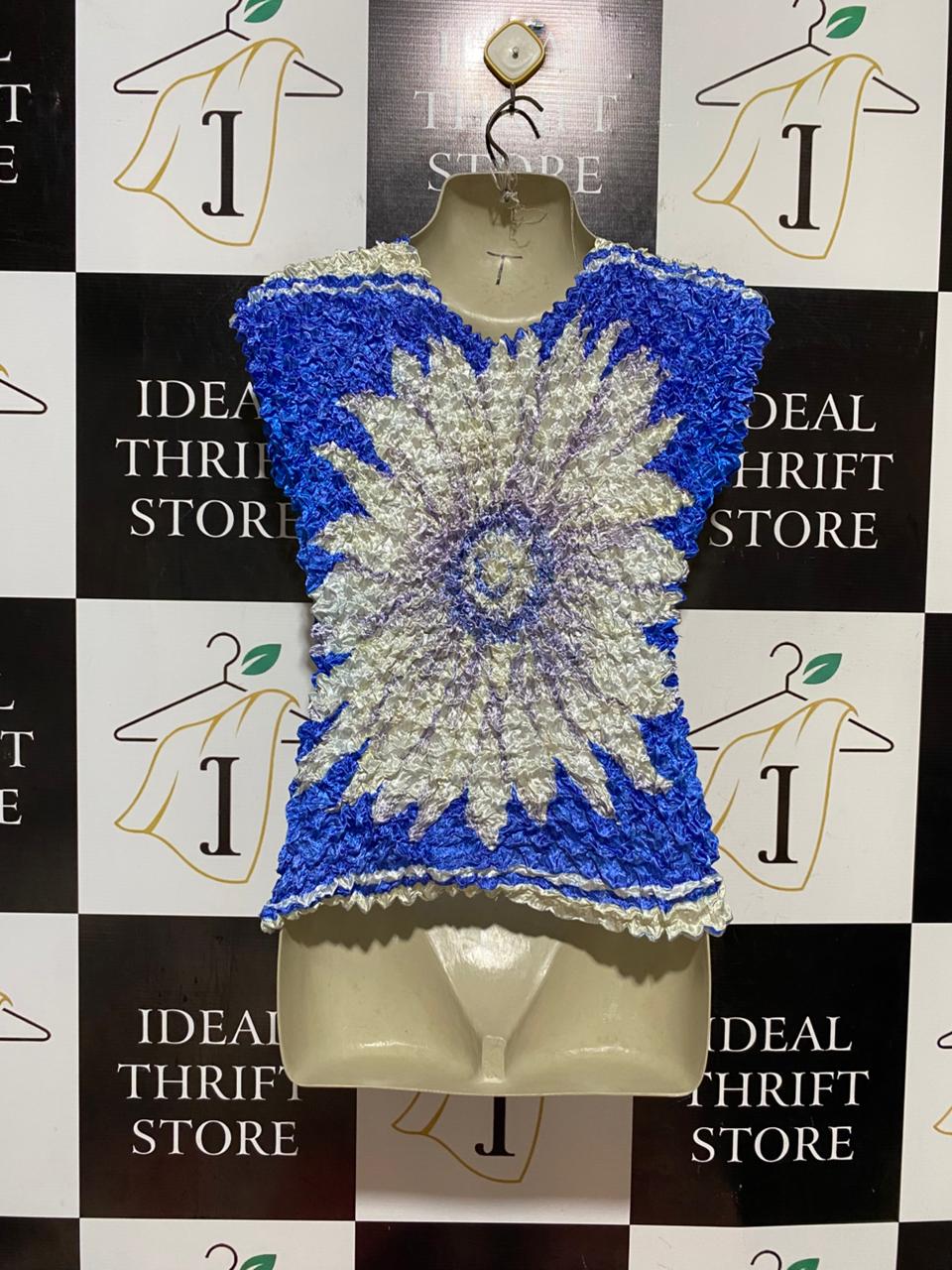 |S| BUST 17| B41| POPCORN SHRINK TOP ROYAL BLUE SUNFLOWER CRUMPLE STRETCH BLOUSE