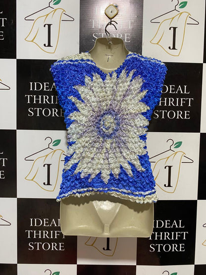 |S| BUST 17| B41| POPCORN SHRINK TOP ROYAL BLUE SUNFLOWER CRUMPLE STRETCH BLOUSE