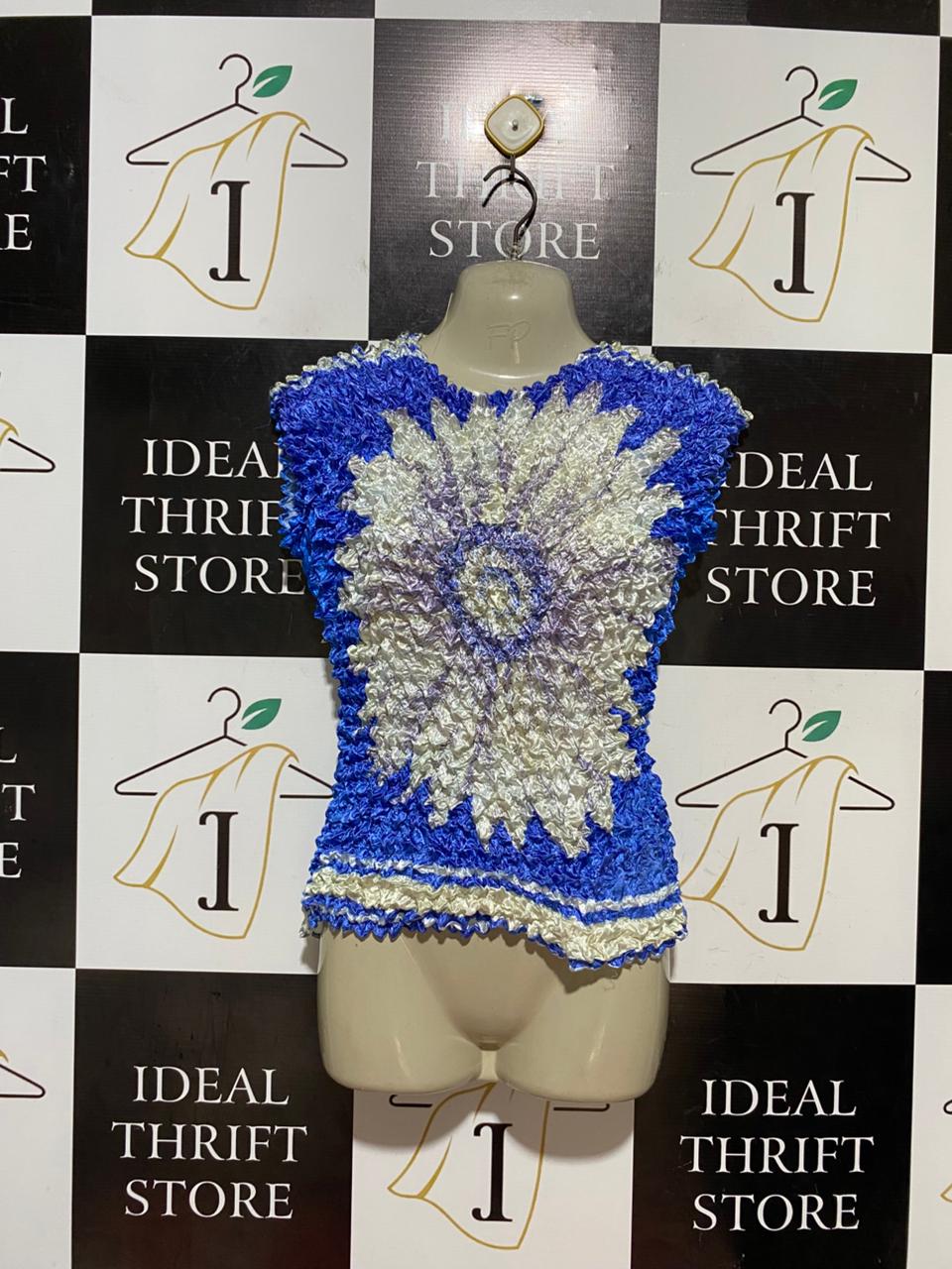 |S| BUST 17| B41| POPCORN SHRINK TOP ROYAL BLUE SUNFLOWER CRUMPLE STRETCH BLOUSE