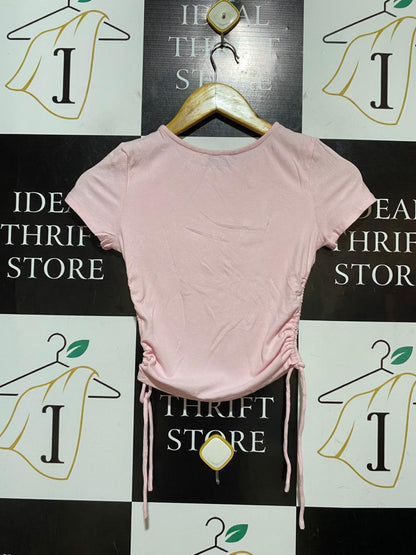 DREAM HOUSE |S| BUST 13| B41| BABY PINK RIBBED SHORT SLEEVE RUCHED DRAWSTRING CROP TOP