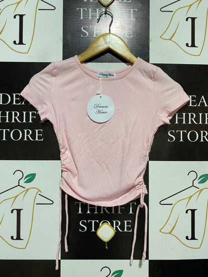 DREAM HOUSE |S| BUST 13| B41| BABY PINK RIBBED SHORT SLEEVE RUCHED DRAWSTRING CROP TOP