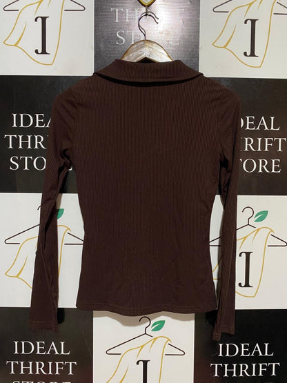 |S| BUST 16| B41| CHOCOLATE BROWN RIBBED LONG SLEEVE COLLARED V-NECK TOP BLOUSE
