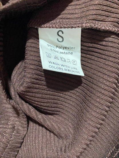 |S| BUST 16| B41| CHOCOLATE BROWN RIBBED LONG SLEEVE COLLARED V-NECK TOP BLOUSE