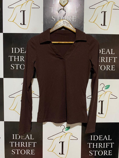 |S| BUST 16| B41| CHOCOLATE BROWN RIBBED LONG SLEEVE COLLARED V-NECK TOP BLOUSE