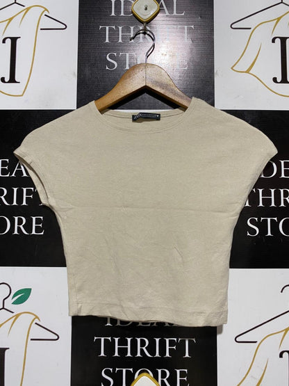 ZARA |M| BUST 13| B41| BEIGE OATMEAL SHORT SLEEVE CAP SLEEVE CREWNECK CROPPED T-SHIRT BLOUSE TOP