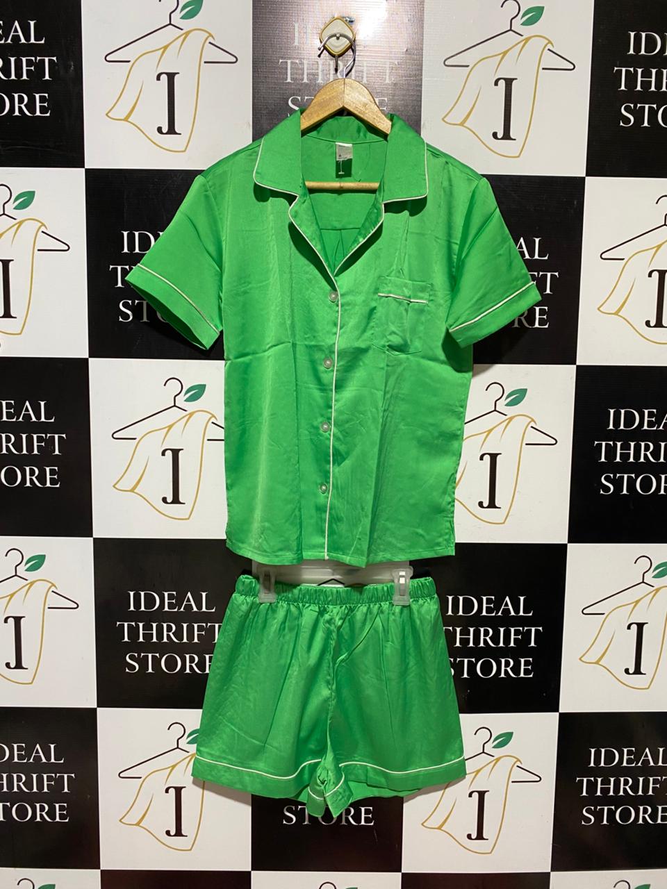 ANKO |S| B41| VIBRANT KELLY GREEN TWO-PIECE PYJAMA SET SHORT SLEEVE BUTTON UP SHIRT AND SHORTS