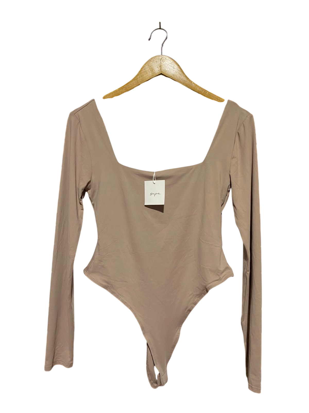 SUPRE |M| BUST 15| B42| WOMEN'S TAN LONG SLEEVE BODYSUIT - SQUARE NECK THONG BOTTOM BASIC TOP
