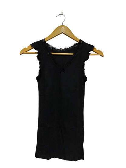 GEORGE |XS| BUST 11| B42| BLACK RIBBED TANK TOP WITH LACE TRIM AND BOW DETAIL