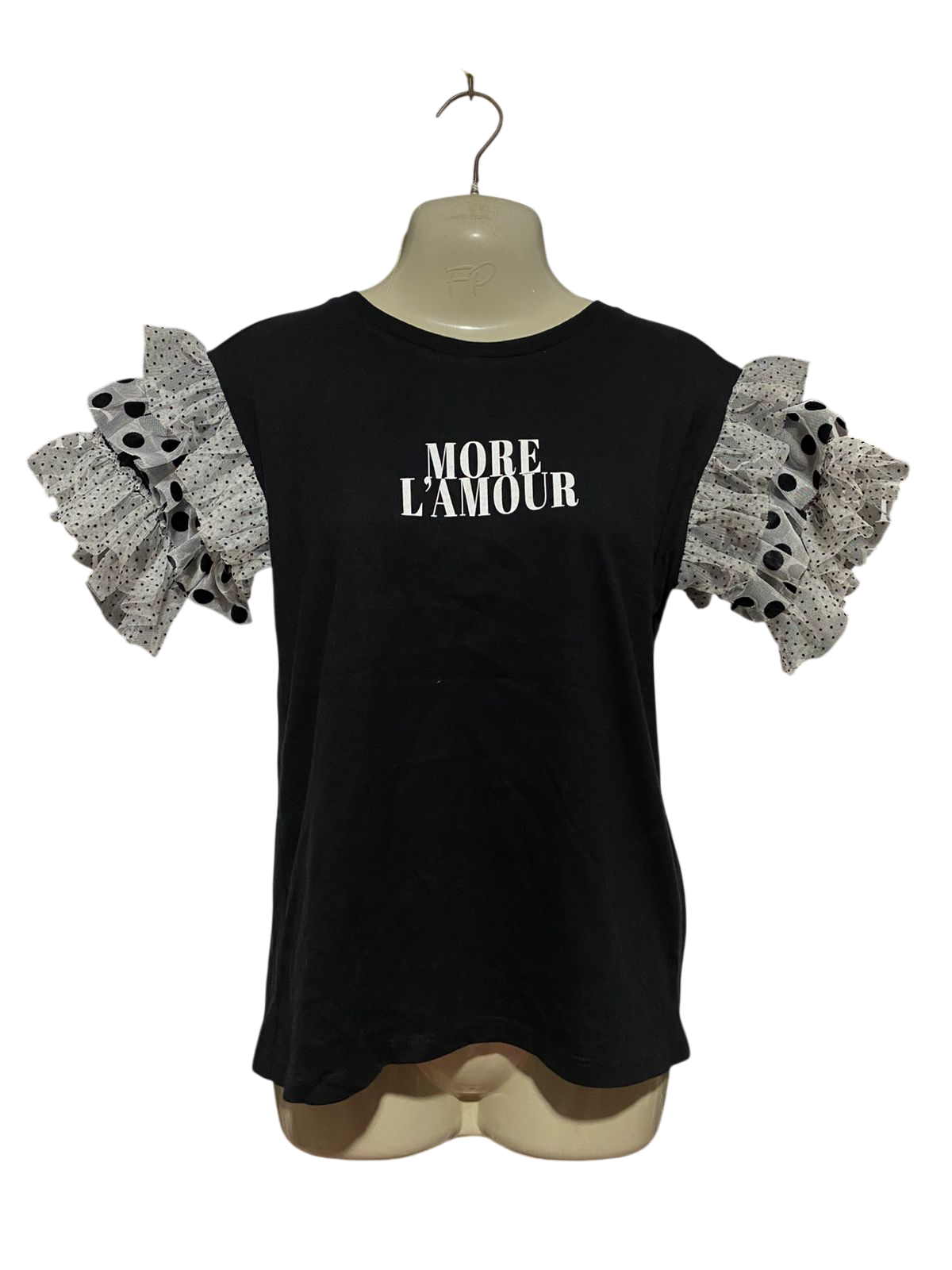 RIVER ISLAND |M| BUST 18| B42| BLACK MORE L'AMOUR GRAPHIC TEE POLKA DOT RUFFLED MESH SLEEVE T-SHIRT