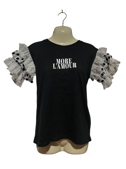 RIVER ISLAND |M| BUST 18| B42| BLACK MORE L'AMOUR GRAPHIC TEE POLKA DOT RUFFLED MESH SLEEVE T-SHIRT