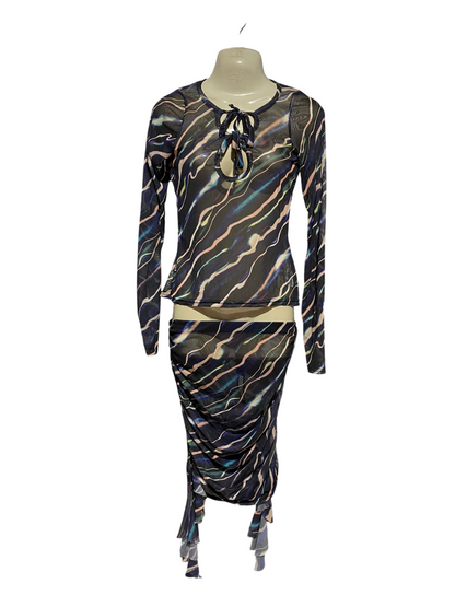 PRETTYLITTLE THING |M| B42| ABSTRACT WAVE PRINT MESH TWO PIECE SET LONG SLEEVE KEYHOLE TOP RUCHED MIDI SKIRT CO-ORD