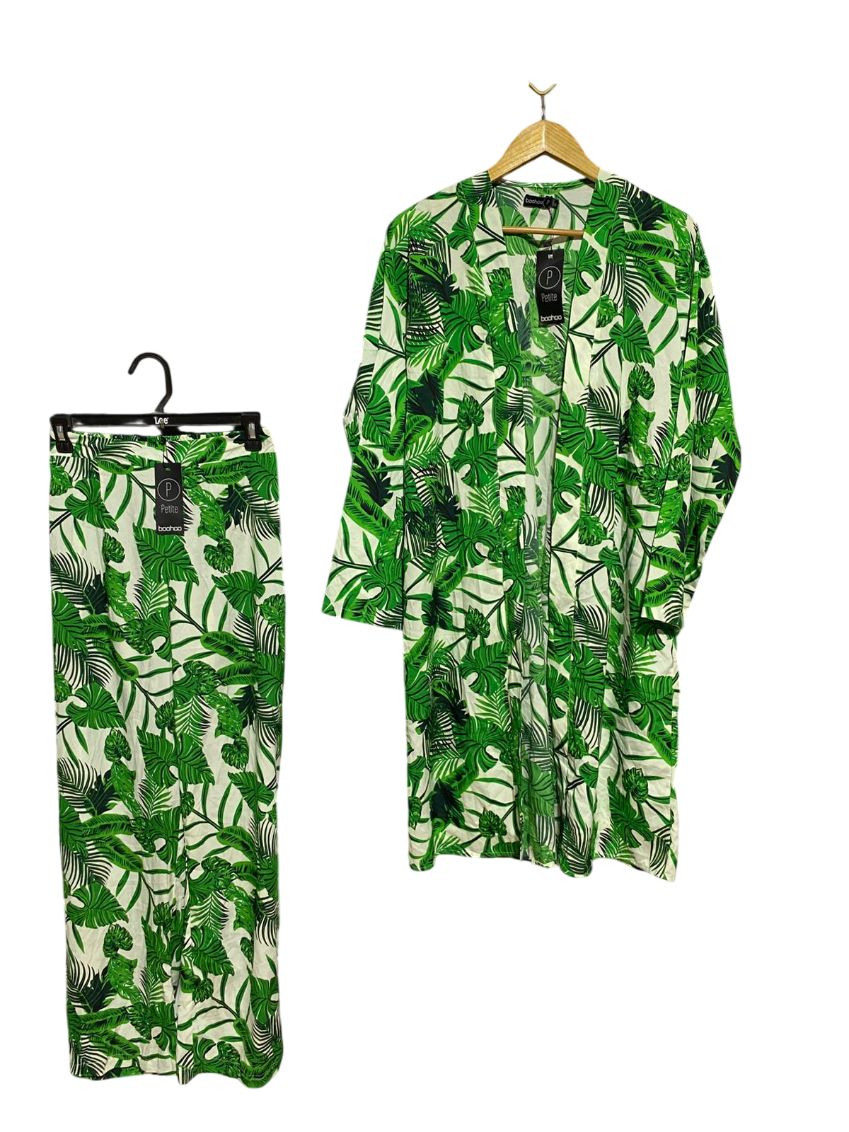 BOOHOO |S| B42| GREEN TROPICAL LEAF PRINT TWO PIECE SET LONG KIMONO CARDIGAN WIDE LEG PANTS CO-ORD